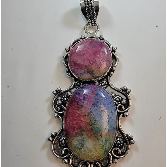 Necklace Pendants Rainbow Calsilica Double Gem in Ornate Sterling Silver Setting - Picture 2 of 10